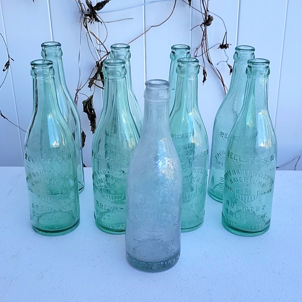 9 Vintage Collectibles Bottles FRED BAUERNSCHMIDT BREWERY BALTD. MD.
